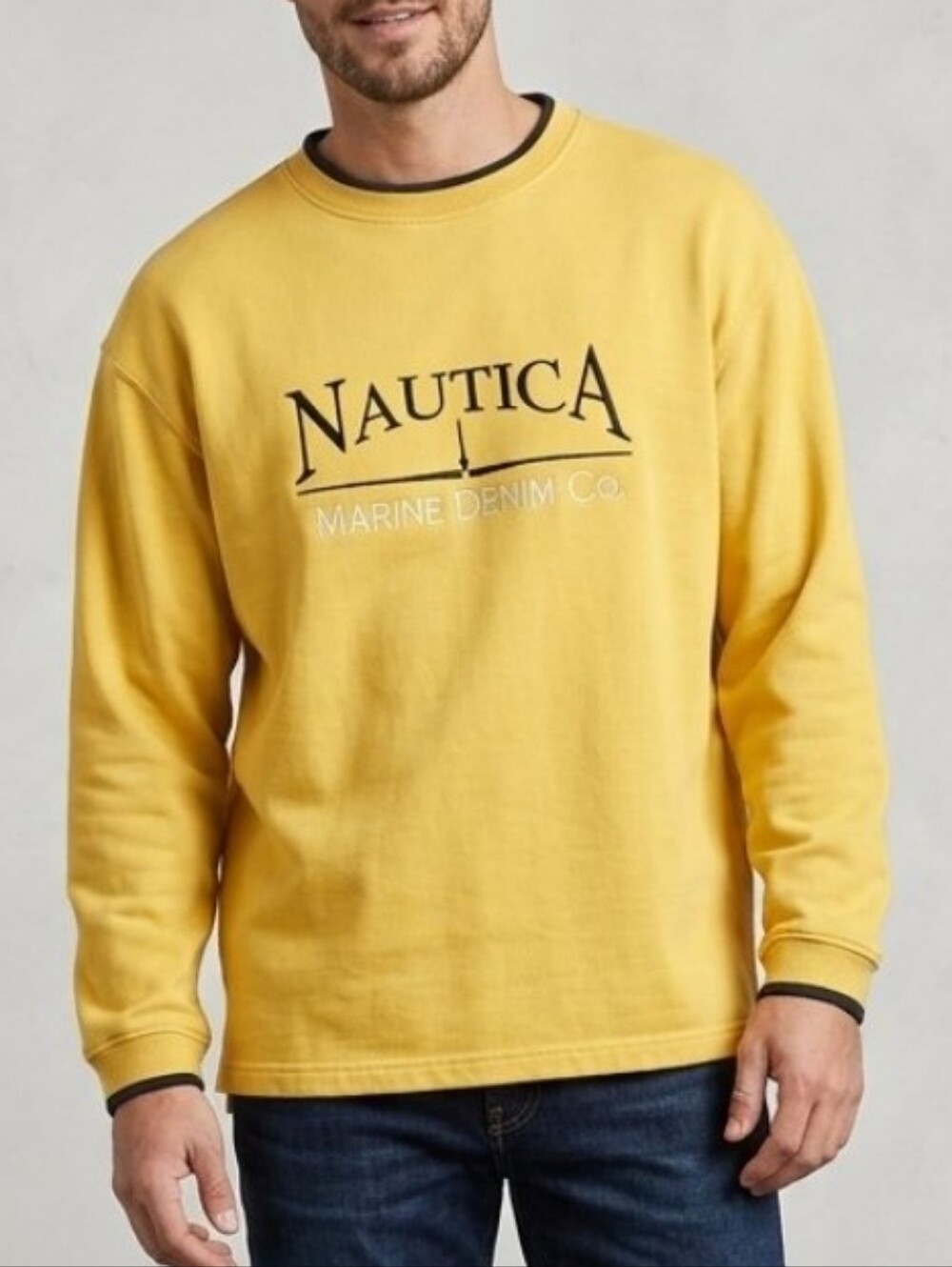 Nautica Vintage Yellow Logo Marine Demin Co Crew Neck Sweatshirt Contrast Trim